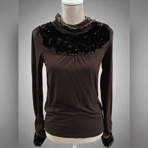 Axes Femme Brown Faux Fur Lace Womans Medium Shirt Fairy Luxe Beaded Coachella